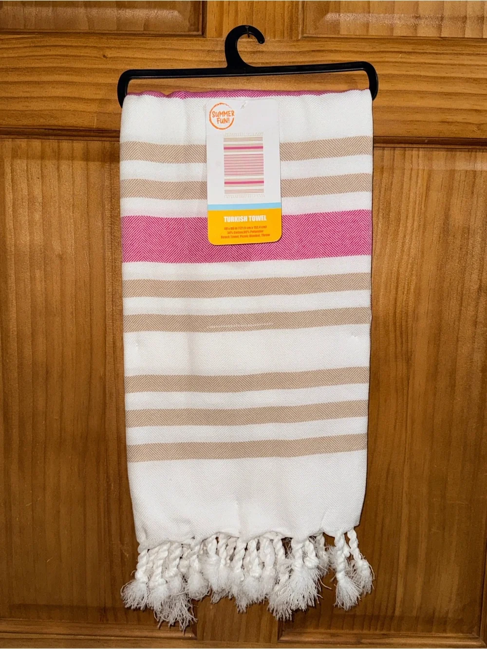 NWT Striped Turkish Towel in Cream, Tan & Pink with Tassels-40”x60”